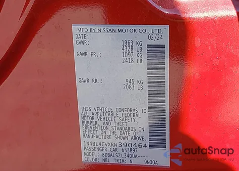 2024 Nissan Altima Sr Fwd from USA, damaged, VIN 1N4BL4CVXRN390464